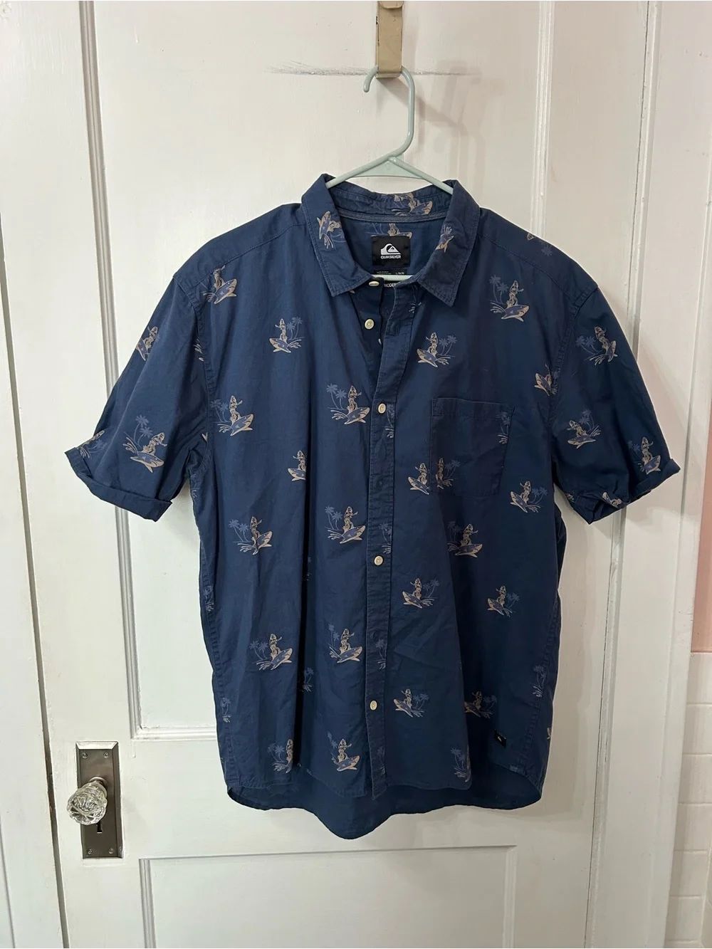 Quiksilver Navy Short Sleeve Button-Down Shirt with Shark Surf Print